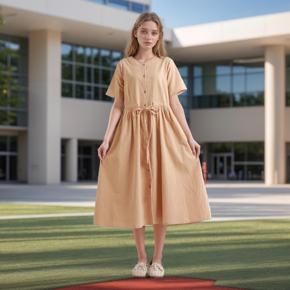 Women Summer Cotton Dress Short Sleeves Midi Dress Casual Loose Dress Custom Plus Size Dress Soft Dress Linen Shirt Buttons Collar Dress
