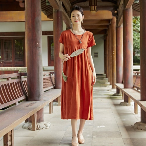 Women Summer Dress Cotton Dress Customized Dress Short Sleeves Dress Midi Dress Plus Size Dress Soft Dress Linen Loose Dress Tunics
