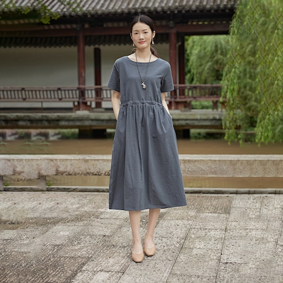knee length dresses for ladies Rove Linen-Cotton Midi Dress - Crossover Back-Ties main image 0