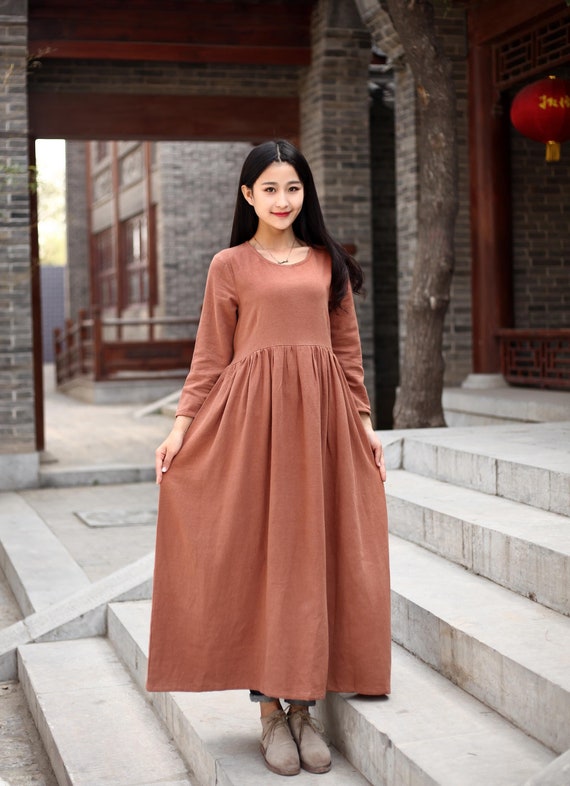 Clearance Fall Spring Thicker Cotton Dress Casual Loose Soft Dresses Long Sleeves Midi Plus Size Dress