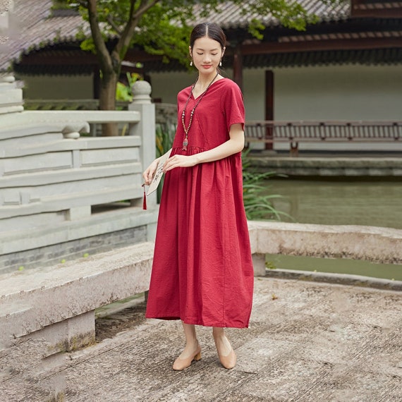 Women Summer Dress Cotton Dress Customized Dress Short Sleeves Dress Midi Dress Plus Size Dress Soft Dress Linen Loose Dress Tunics