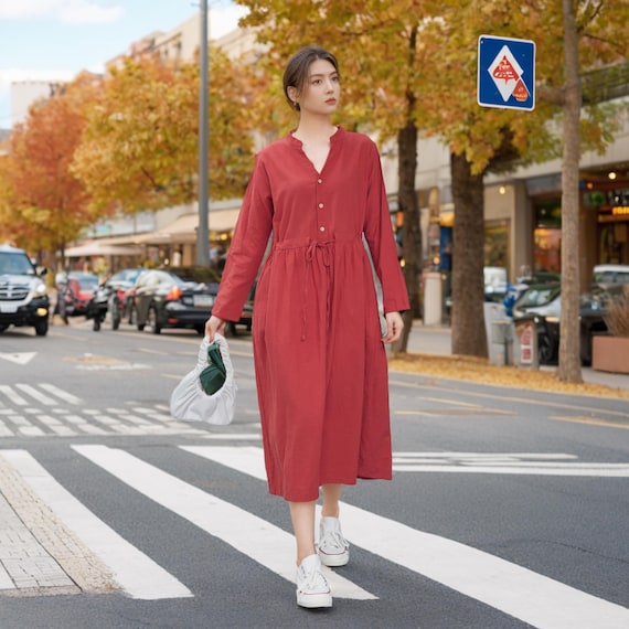 fall dress xs Winter Dress Heavier Fabric Shirt Dress Fall Dress Warm Dress Thicker  Cotton Dress Long Sleeves Outwear Dress XS to 6XL ( Custom Plus Size)