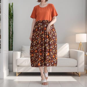 Women Summer Dress Printed Flower Cotton Dress Midi Dress Loose Dress Custom Dress Plus Size Dress Linen Dress Soft Loungewear Homewear