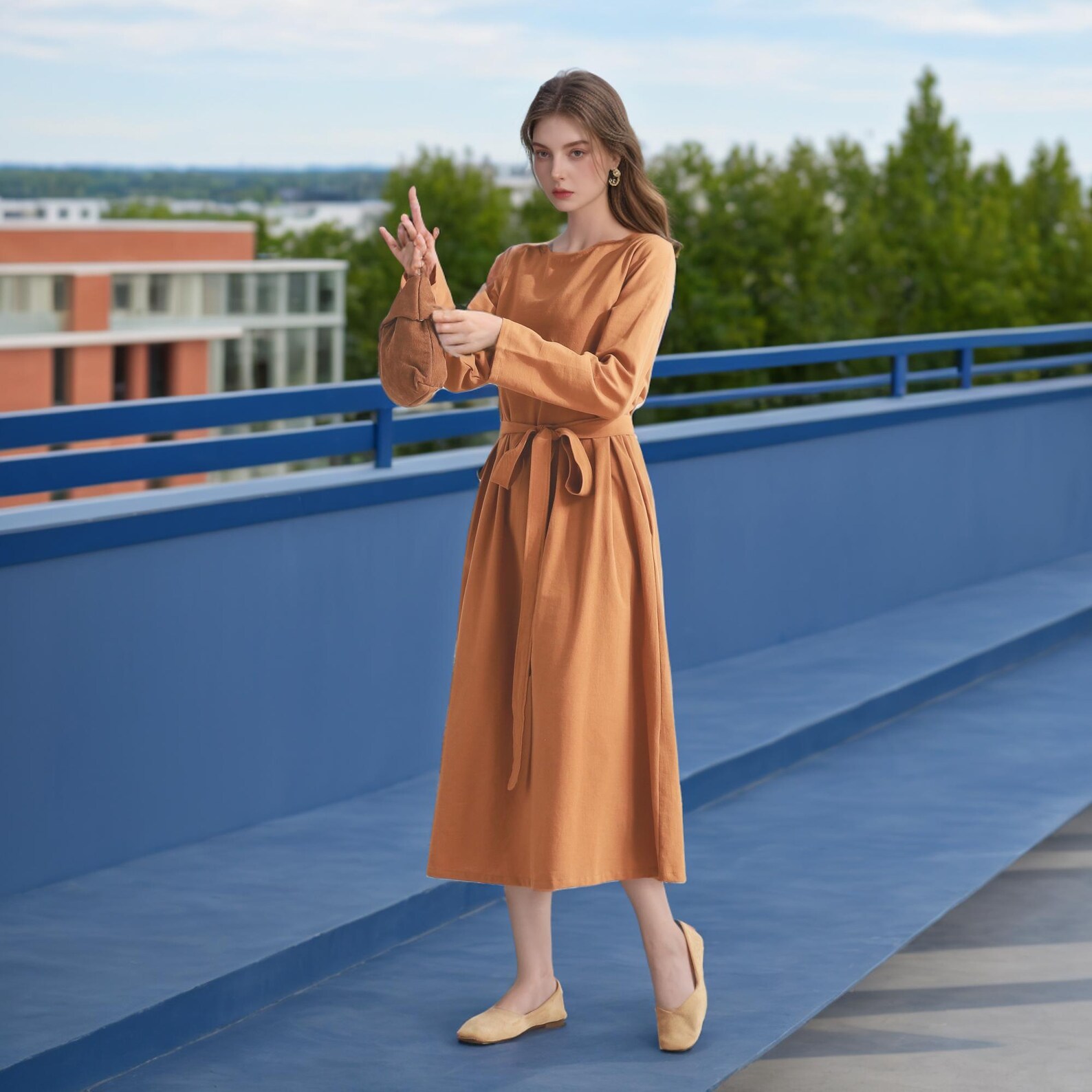 The Bedisse Cotton Blend Long Sleeve Relaxed Slit Midi Dress
