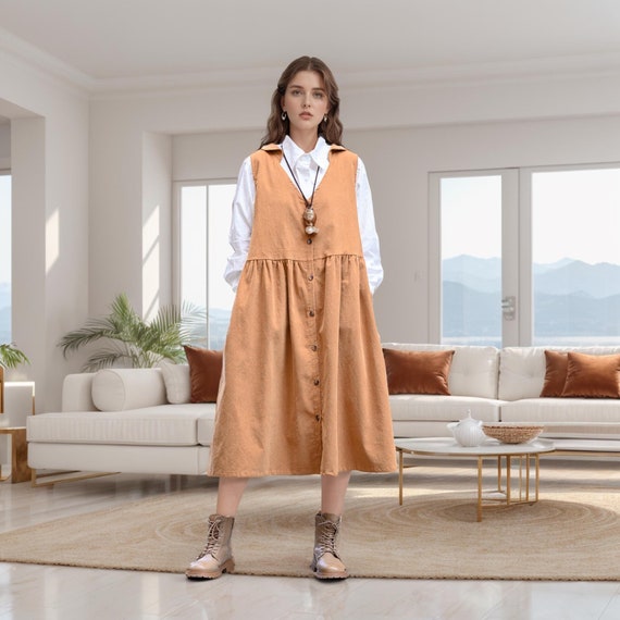 Thick Cotton Corduroy Vest Coat Sleeveless Buttons Cardigan Dress