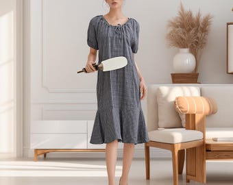 Summer Plaid Muslin Dress Natural Cotton Dress Organic Gauze Dress Short sleeves Midi Shift Dresses Soft Losse Homewear Tailored Plus Dress