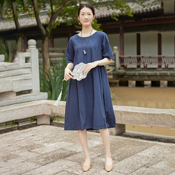 Women Summer Cotton Dress Short Sleeves Dress Knee Dress Pockets Dress A-line Dress Customized Dress Loose