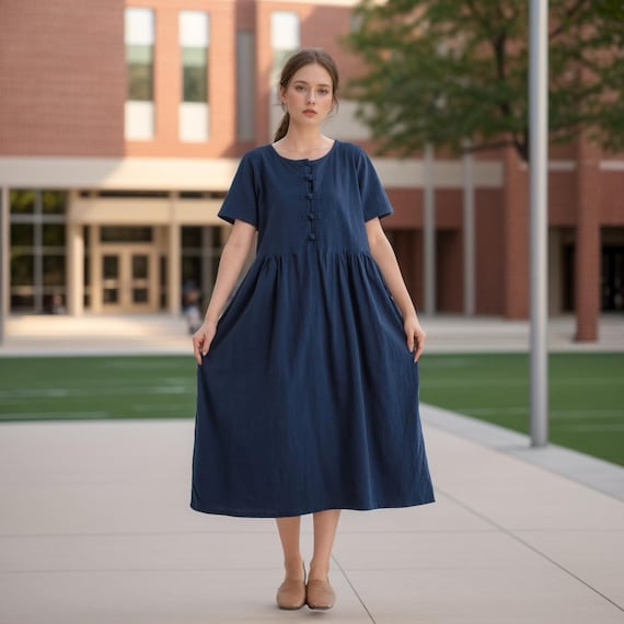 Women Summer Dress Cotton Dress Customized Dress Short Sleeves Dress Midi Dress Plus Size Dress Soft Dress Linen Loose Dress Tunics