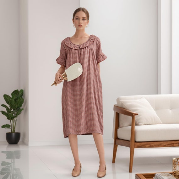 Summer Plaid Muslin Dress Natural Cotton Dress Organic Gauze Dress Short Sleeves Midi Shift Dresses Soft Losse Homewear Tailored Plus Dress