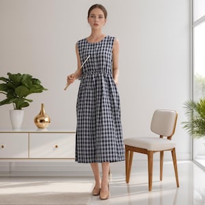Summer Plaid Muslin Dress Natural Cotton Dress Organic Gauze Dress Sleeveless Midi Ties Sundress Soft Losse Homewear Tailored Plus Dresses