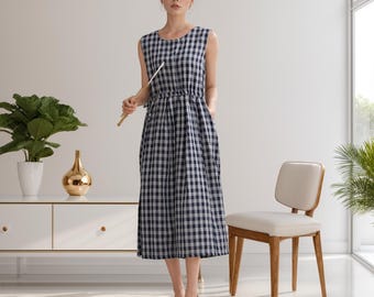 Summer Plaid Muslin Dress Natural Cotton Dress Organic Gauze Dress Sleeveless Midi Ties Sundress Soft Losse Homewear Tailored Plus Dresses