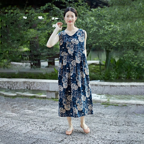 loose cotton midi dress Women's Linen Cotton V-Neck Dress Short Sleeve Loose Midi Dress with  Pockets, Comfortable Casual Summer Dresses,L,Navy
