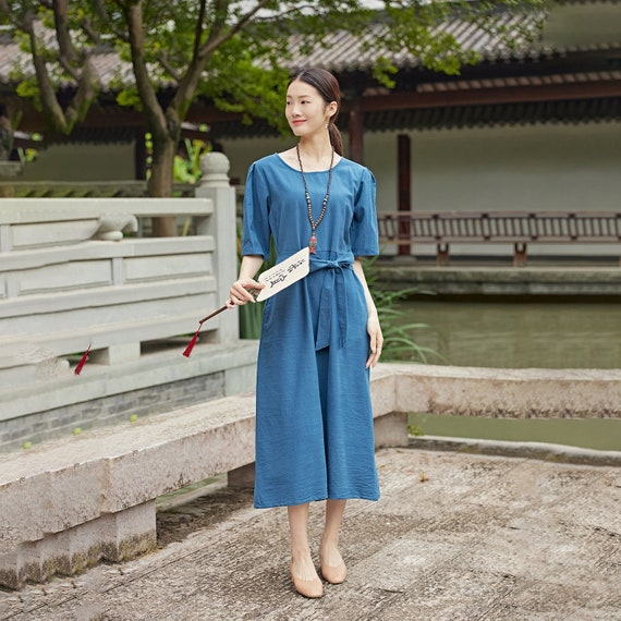 Women Summer Cotton Dress Midi Dress Customized Dress Short-sleeves Dress Plus size Dress Linen
