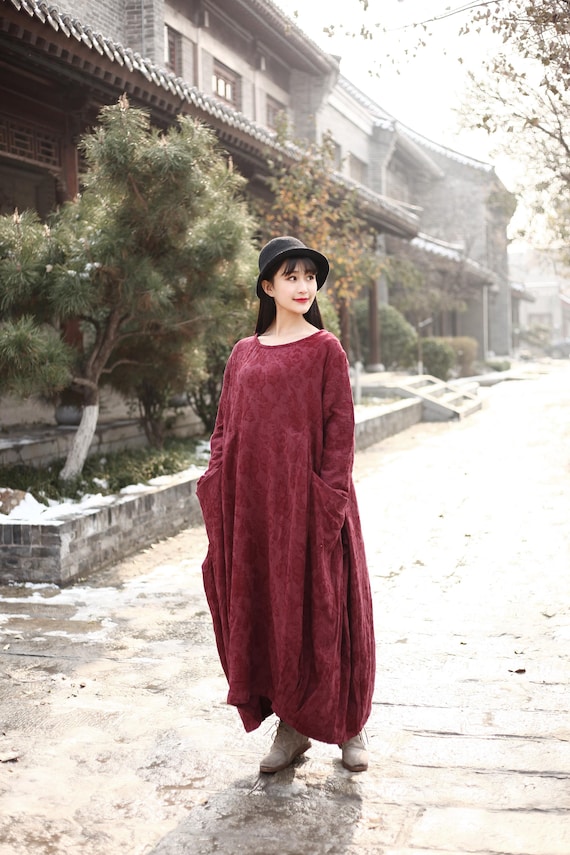 Winter Dress Heavier Jacquard Fabric Maxi Dress Fall Dress Warm Dress Thicker Cotton Dress Long Sleeves Dress Xs to 6XL ( Custom Plus Size)