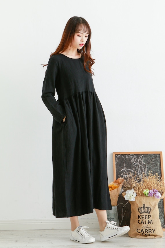 Clearance Fall Winter Thicker Cotton Dress Casual Loose Soft Dresses Long Sleeves Maxi Dress