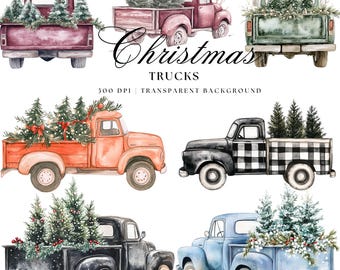 Imágenes prediseñadas de camión navideño en acuarela, pino PNG (descarga digital)