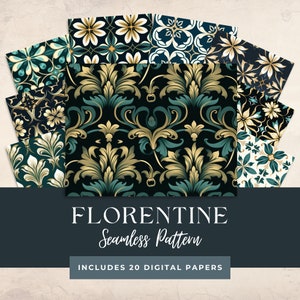 Puede incluir: Un conjunto de 20 papeles digitales con intrincados patrones florales en tonos dorados, verde azulado y negro. Los papeles son perfectos para crear invitaciones, tarjetas, páginas de álbumes de recortes y otros proyectos de manualidades.