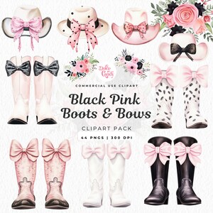 May include: A digital clipart pack of black and pink cowboy boots and bows. The boots are in various styles, including tall boots with a pointed toe and short boots with a rounded toe. The bows are in a variety of sizes and shapes. The clipart is perfect for creating invitations, cards, and other crafts.