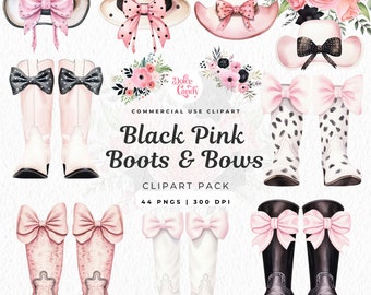 Pink Cowgirl Clipart, Boots, Hat, and Bows (PNG Digital Download)