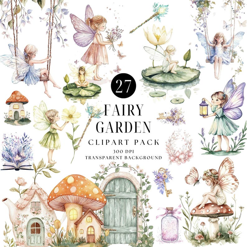 Watercolor Fairy Garden Clipart, Magical Fantasy PNG (digital Download ...