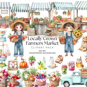 Lot de cliparts du marché fermier | Produits rustiques, boulangerie, camion vintage, caisses, légumes, herbes aromatiques, bocaux, paniers | Pack PNG aquarelle