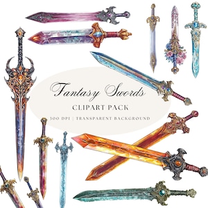 May include: A set of nine fantasy swords with intricate details and colorful designs. The swords are painted in a watercolor style and have a variety of shapes and sizes. The swords are perfect for adding a touch of magic to any project.
