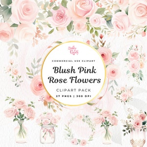 水彩ブラッシュ ピンクのバラの花のクリップアート バンドル、花束、ブラッシュ ピンクの花のアレンジメント、花輪、結婚式の招待状、花瓶