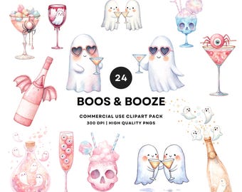 Imágenes prediseñadas de cócteles fantasmales de Halloween, bebidas espeluznantes en tonos pastel (descarga digital)