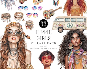 Boho Hippie Girl Clipart Bundle, Scrapbook Graphics (Digital Download)