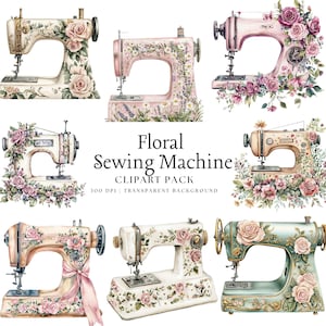 Watercolor Floral Sewing Machine Clipart, Vintage Floral PNG, Vintage Graphic, Scrapbooking, High Quality PNG, Antique Floral Sewing Machine
