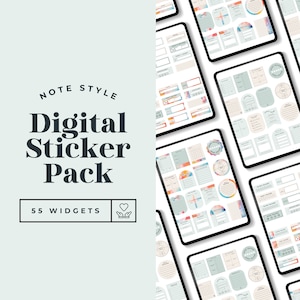 May include: A digital sticker pack with 55 widgets for note taking. The stickers are in a variety of colors and designs, including watercolor, geometric, and minimalist styles. The stickers are perfect for adding a personal touch to your notes, planners, and journals.