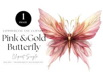 Imágenes prediseñadas de mariposas rosas y doradas en acuarela, PNG transparente (descarga digital)