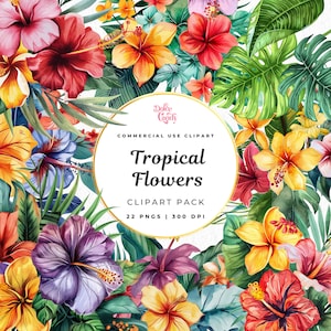 Tropical Flowers Clipart | Watercolor Clipart | Tropical Wedding Clipart | Tropical Leaves | Hawaii Clipart | Hibiscus Flowers | Palm Leaves