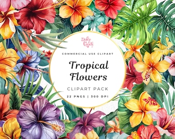 Watercolor Tropical Flower Clipart | Hibiscus, Palm Leaves (Digital Download)