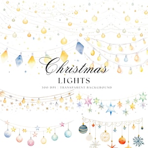 Puede incluir: Ilustraciones de acuarela de luces de Navidad, estrellas y adornos. Las luces están enhebradas en guirnaldas y los adornos cuelgan de cuerdas. Las ilustraciones están sobre un fondo blanco.