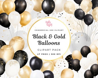 Watercolor Black and Gold Balloon Clipart, Confetti PNG Overlays (Commercial Use)