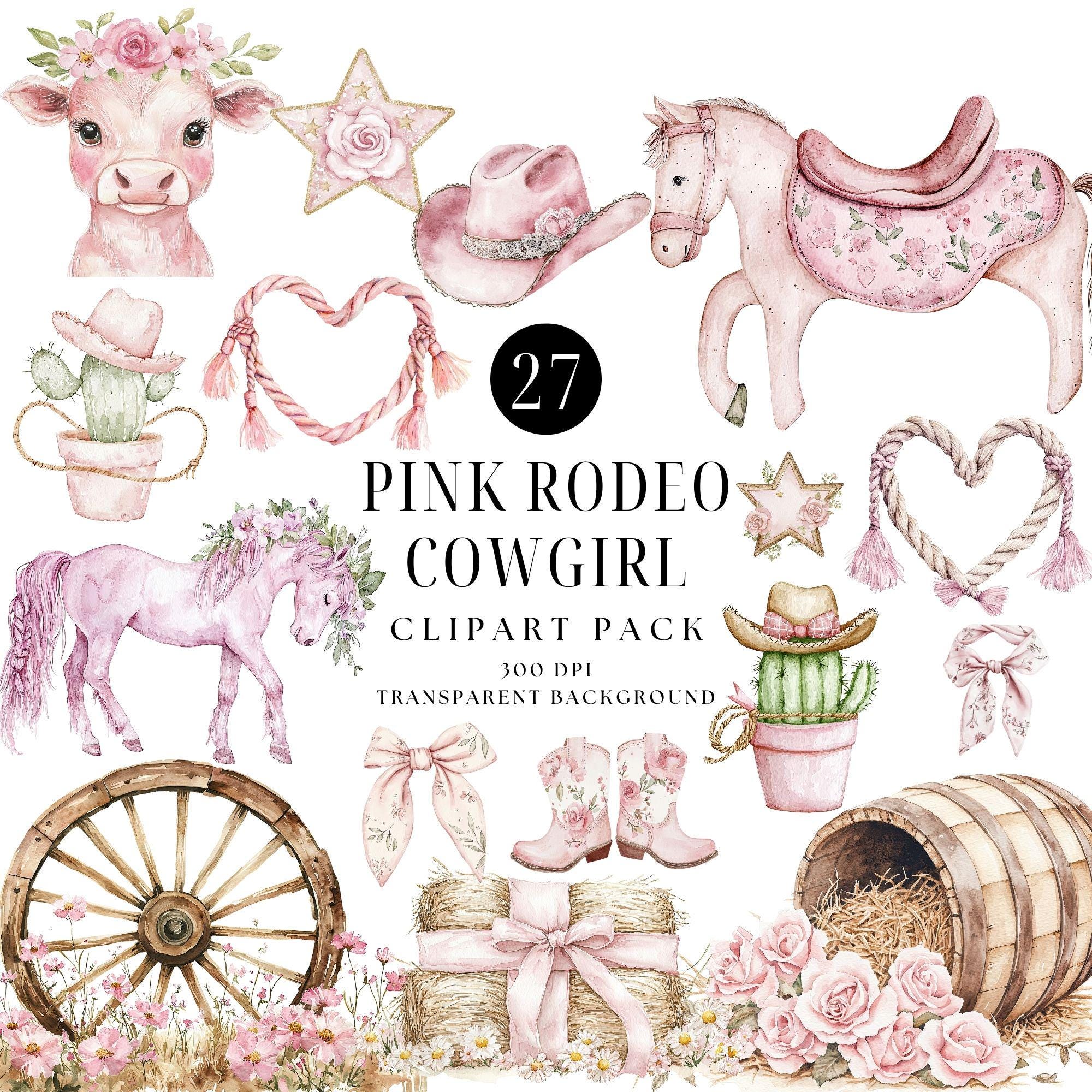 Think Pink Rodeo Pink Rodeo Cowgirl Clipart Bundle, Watercolor Nursery (digital Download ...