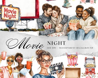 Watercolor Movie Night Clipart, Popcorn, Cinema PNG (Digital Download)