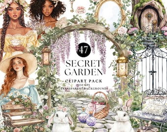 Secret Garden Watercolor Clipart Bundle, Cottagecore PNG, Commercial Use (Digital Download)