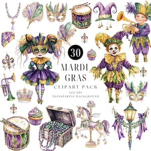 Watercolour Mardi Gras Clipart Bundle, Beads, Masks, Carnival Clipart, Colourful Clipart, Fat Tuesday Celebration, Sublimation Designs png