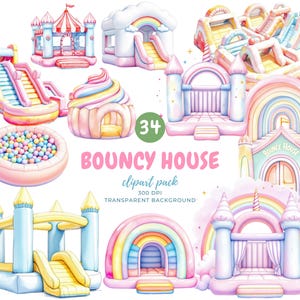 Pastel Bouncy House Clipart Bundle | Cute Watercolour Bounce Castle Party Elements PNG for Kids Invitations