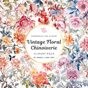 Aquarel vintage chinoiserie bloemen clipartpakket | 300 dpi | Chinoiserie-clipart | Digitale download | Commercieel gebruik | Bloemsierkunst