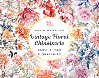 Imágenes prediseñadas florales de estilo chinoiserie en acuarela / Estilo vintage (descarga digital)
