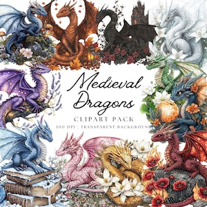 Medieval Dragons Clipart, Fantasy Dragons, Books and Dragons, Sublimation Designs, Junk Journal, Scrapbook, Watercolour Clipart, Cute Animal