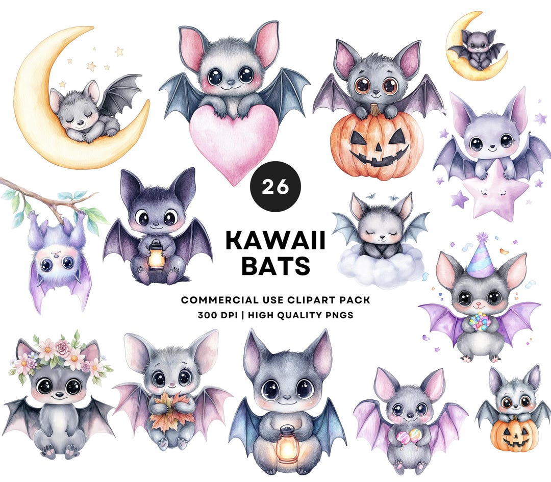 Kawaii Bat Clipart – Pastel Watercolor Baby Bats, Nursery Art (PNG ...