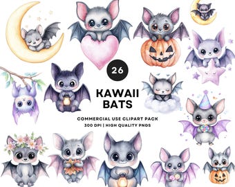 Kawaii Nietoperz Clipart – Pastelowe Akwarele z Małymi Nietoperzami, Sztuka dla Dzieci (Pliki PNG)