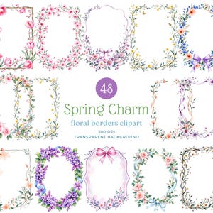 Frühling Bloom wunderliche Blumenbordüren Clipart | Pastel Ribbon & Flower Frame PNGs für Einladungen, Karten und Briefpapier Design