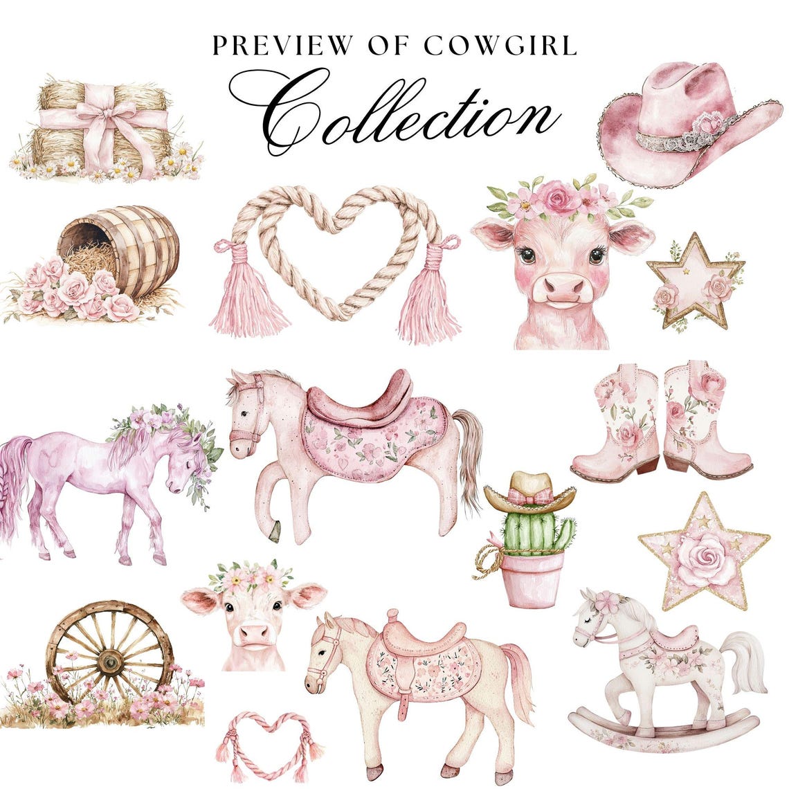 Pink Rodeo Cowgirl Clipart Bundle, Watercolor Nursery (digital Download ...
