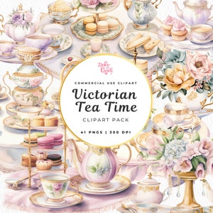 Watercolour Victorian Garden Tea Party Clipart, Vintage Tea Time, Pastel Clipart, Junk Journal, Flower Tea Cup, Floral Tea Pot, Tea Time PNG