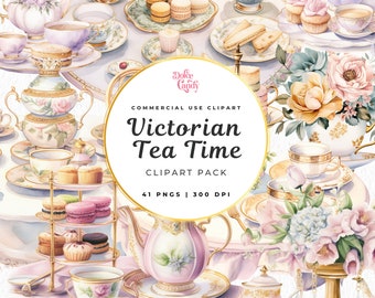 Watercolor Victorian Tea Party Clipart, Junk Journal (PNG Digital Download)